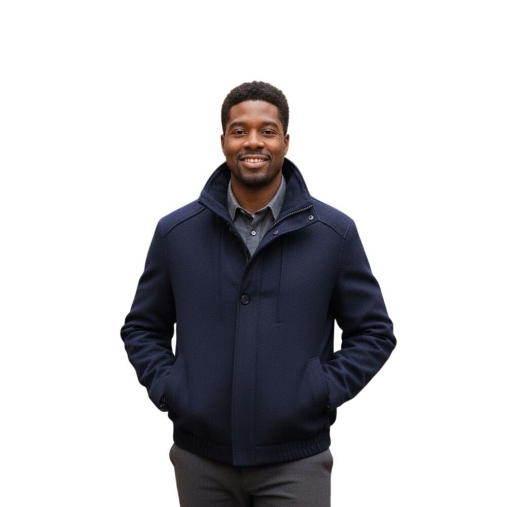 Tahari Men's XL Navy Blue Wool Blend Winter Ski Lined Bomber All Occasion Coat
